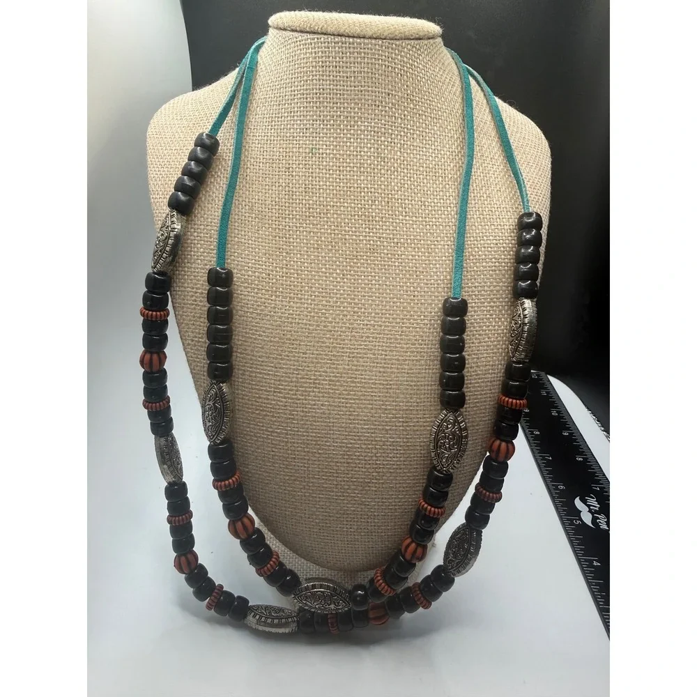Boho Beaded Multi Strand Necklace Turquoise Suede Cord Silver Tone Accents 32in